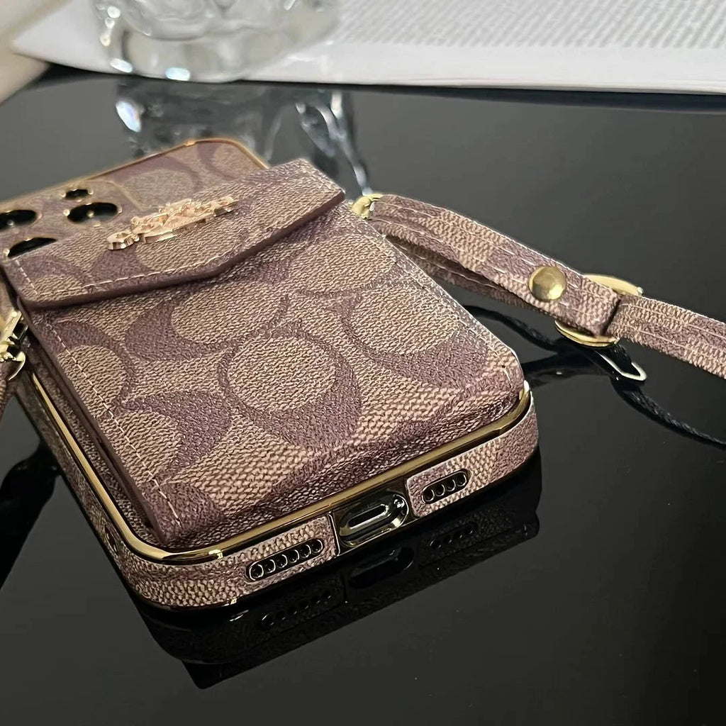 Luxury Logo Accordion Card Holder Leather Crossbody Apple iPhone Case
