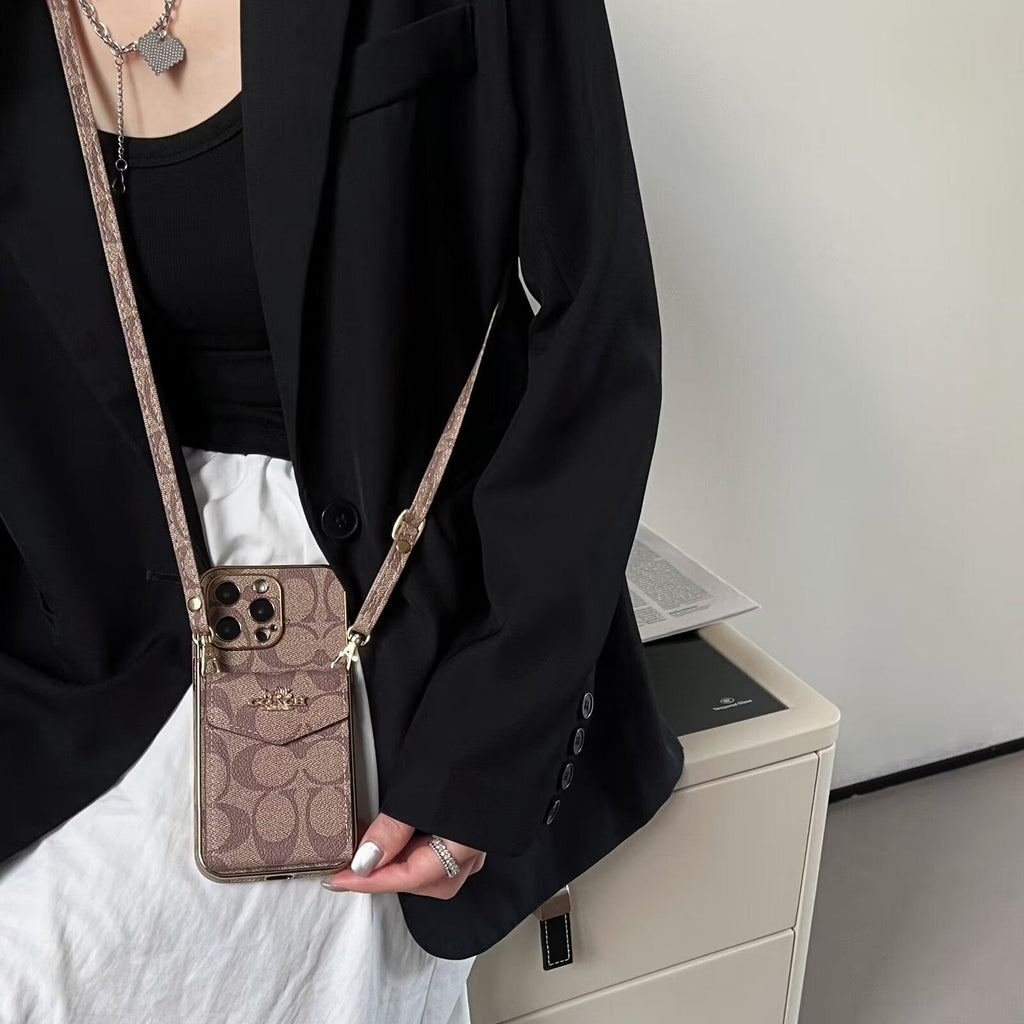 Luxury Logo Accordion Card Holder Leather Crossbody Apple iPhone Case