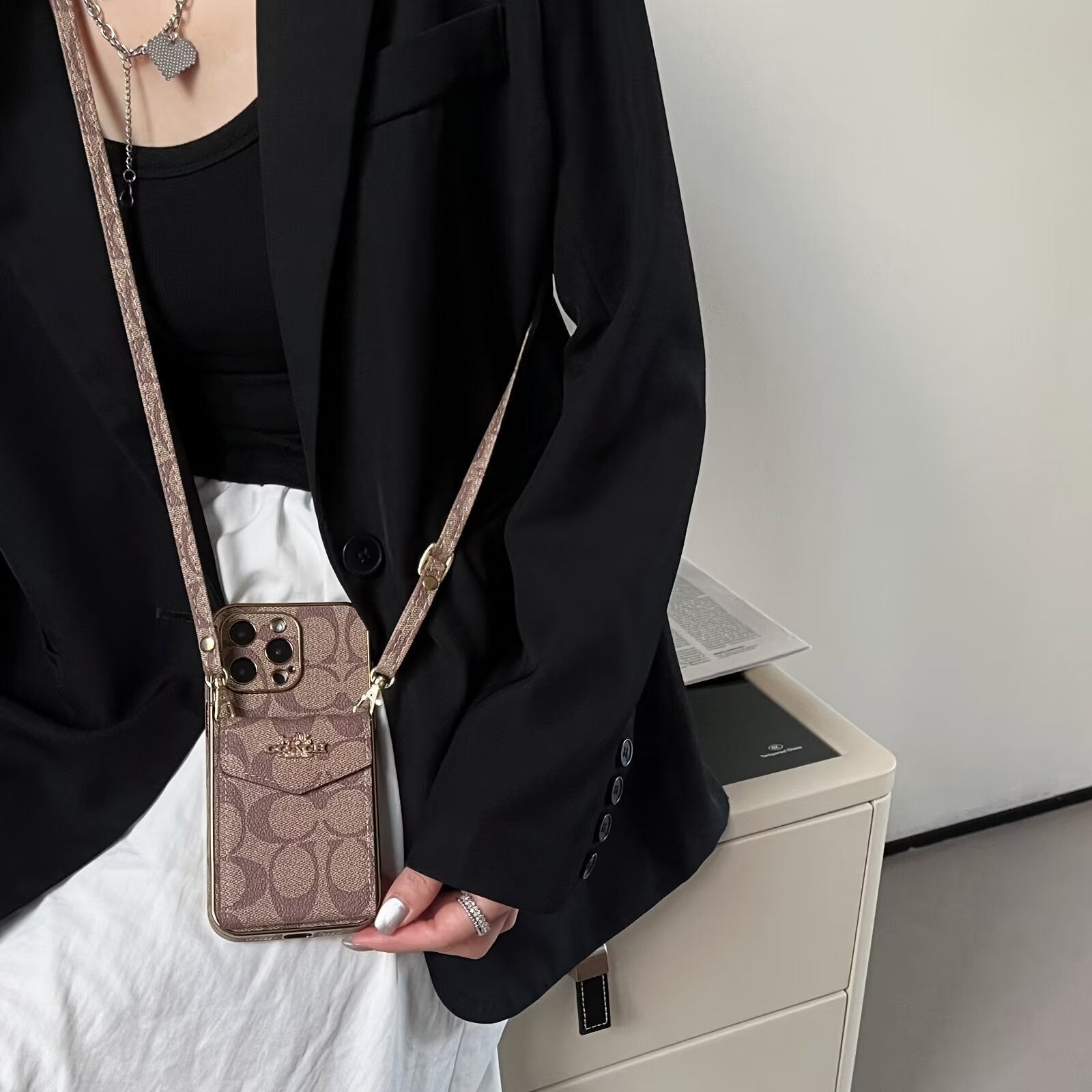 Luxury Logo Accordion Card Holder Leather Crossbody Apple iPhone Case