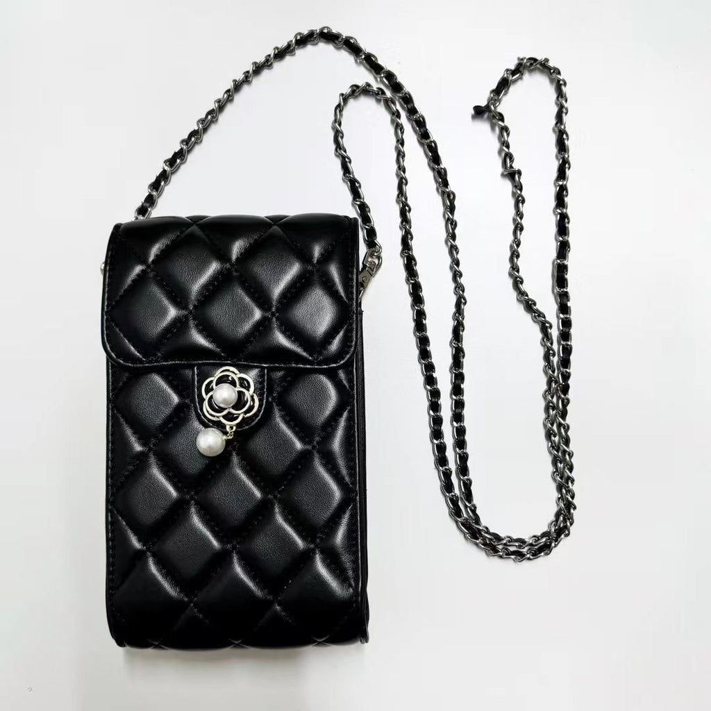 Elegant Quilted Crossbody Phone Bag with Pearl Charm