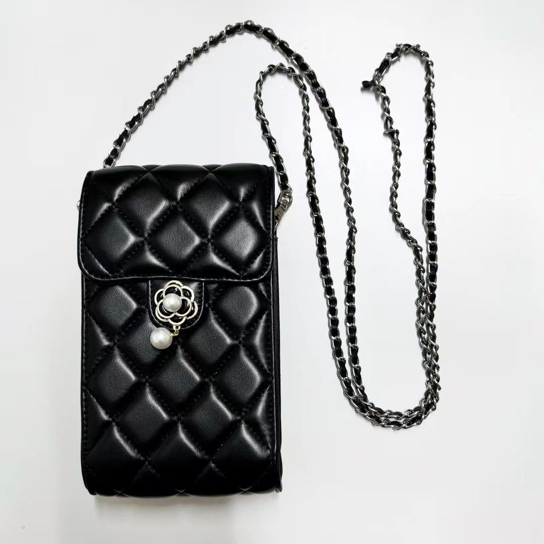 Elegant Quilted Crossbody Phone Bag with Pearl Charm