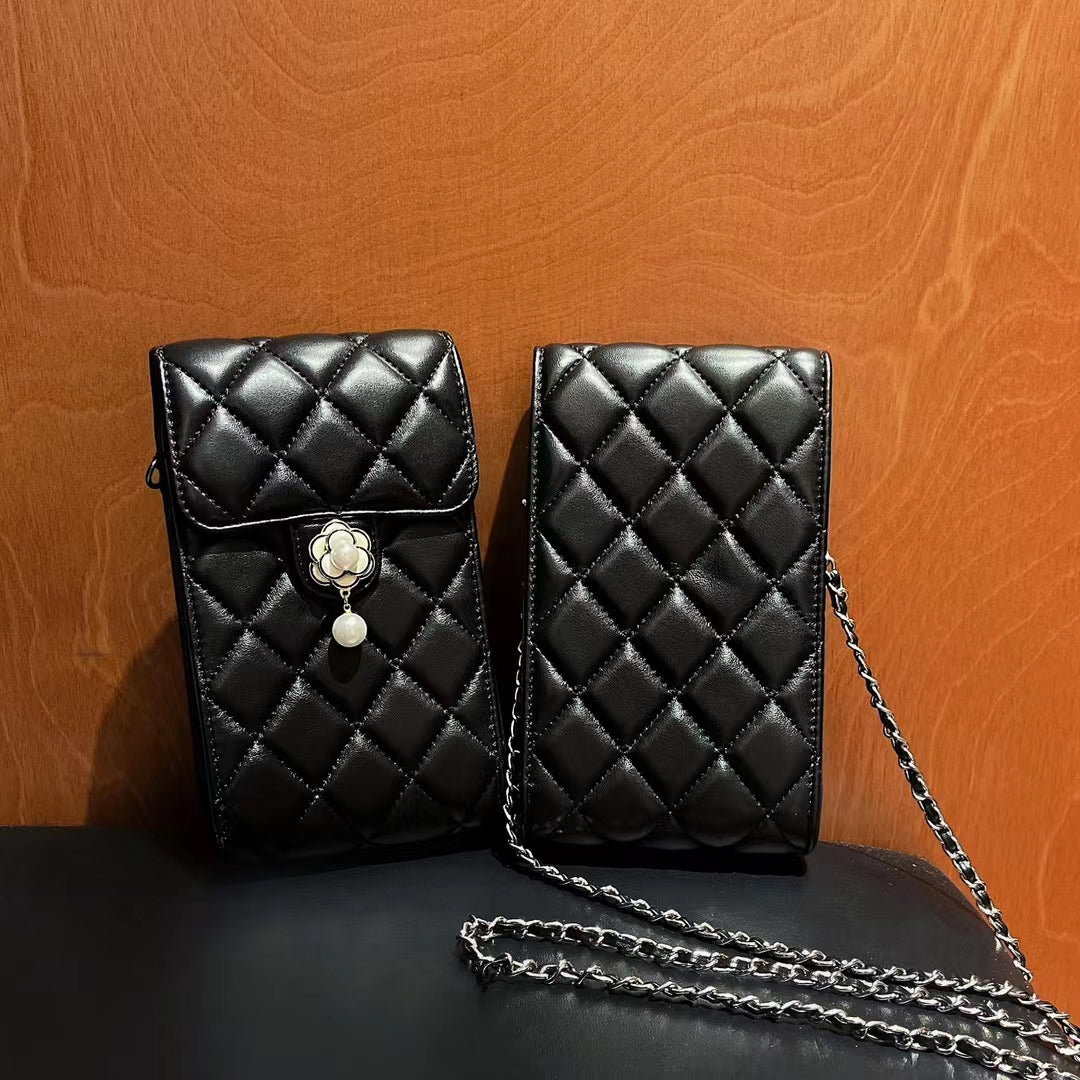 Elegant Quilted Crossbody Phone Bag with Pearl Charm