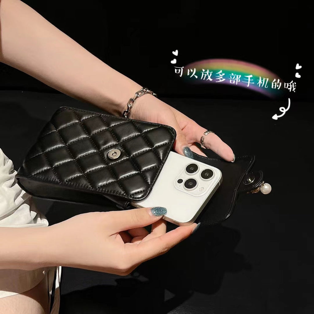 Elegant Quilted Crossbody Phone Bag with Pearl Charm