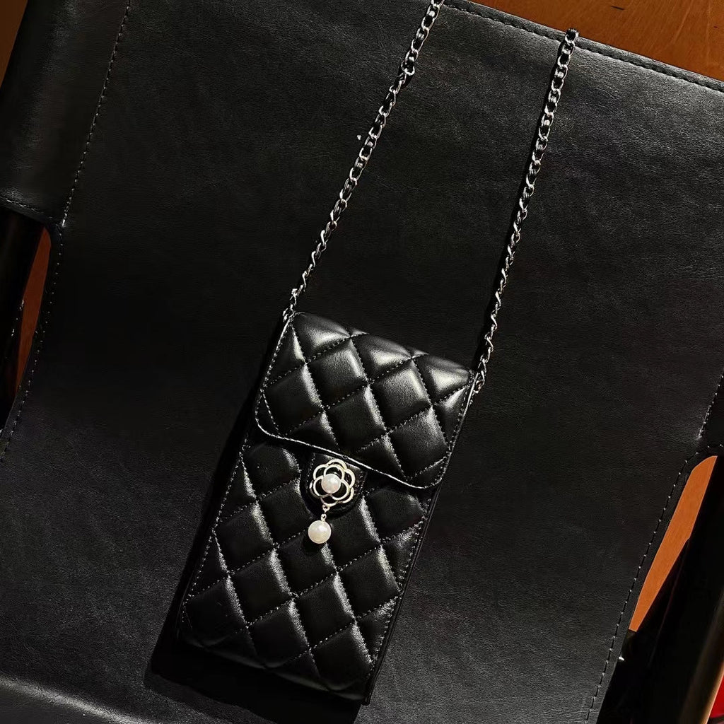 Elegant Quilted Crossbody Phone Bag with Pearl Charm