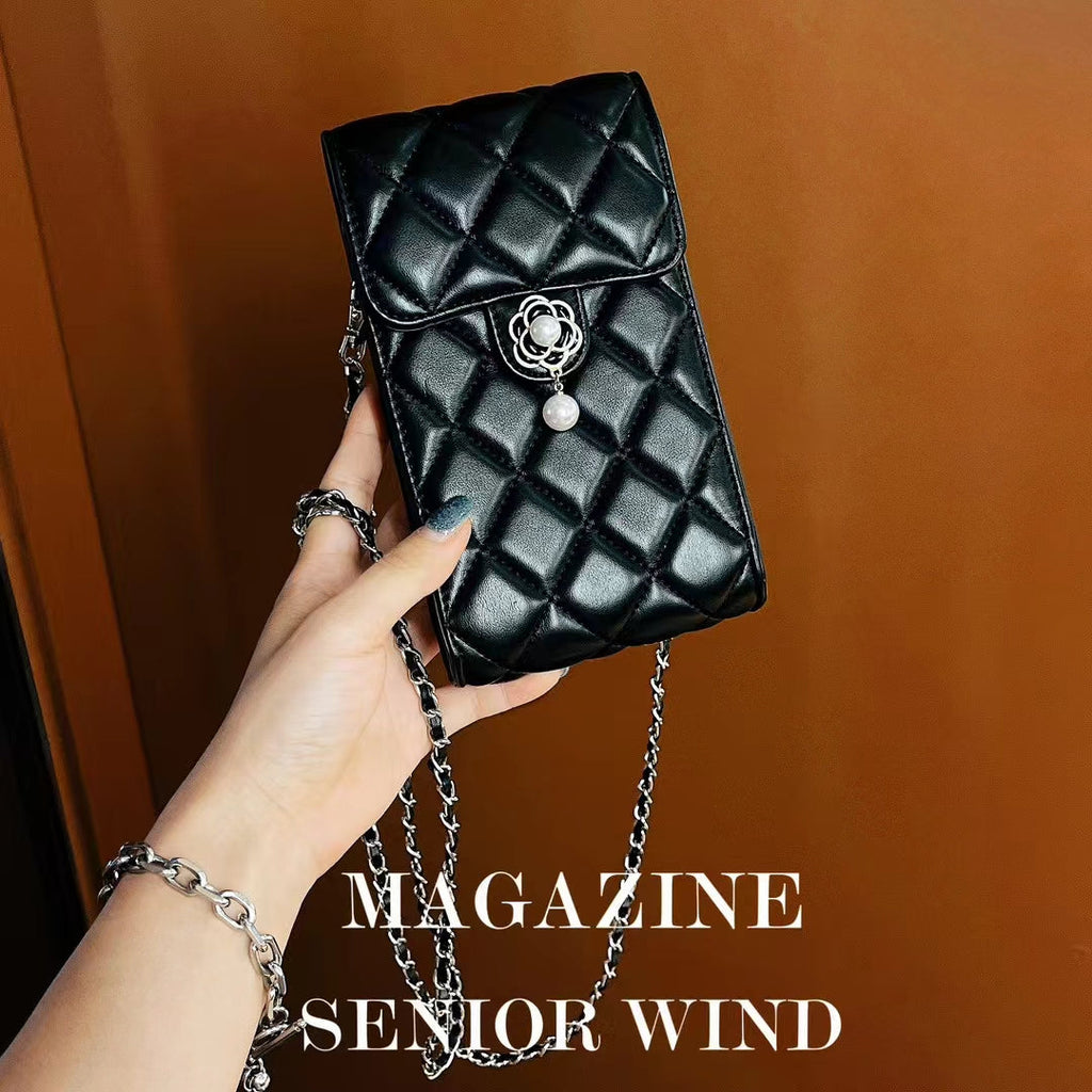 Elegant Quilted Crossbody Phone Bag with Pearl Charm