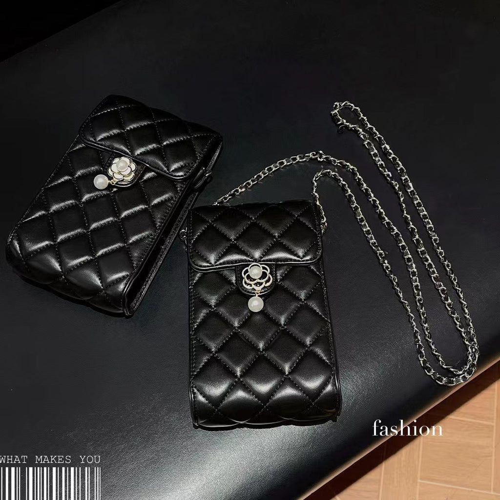 Elegant Quilted Crossbody Phone Bag with Pearl Charm