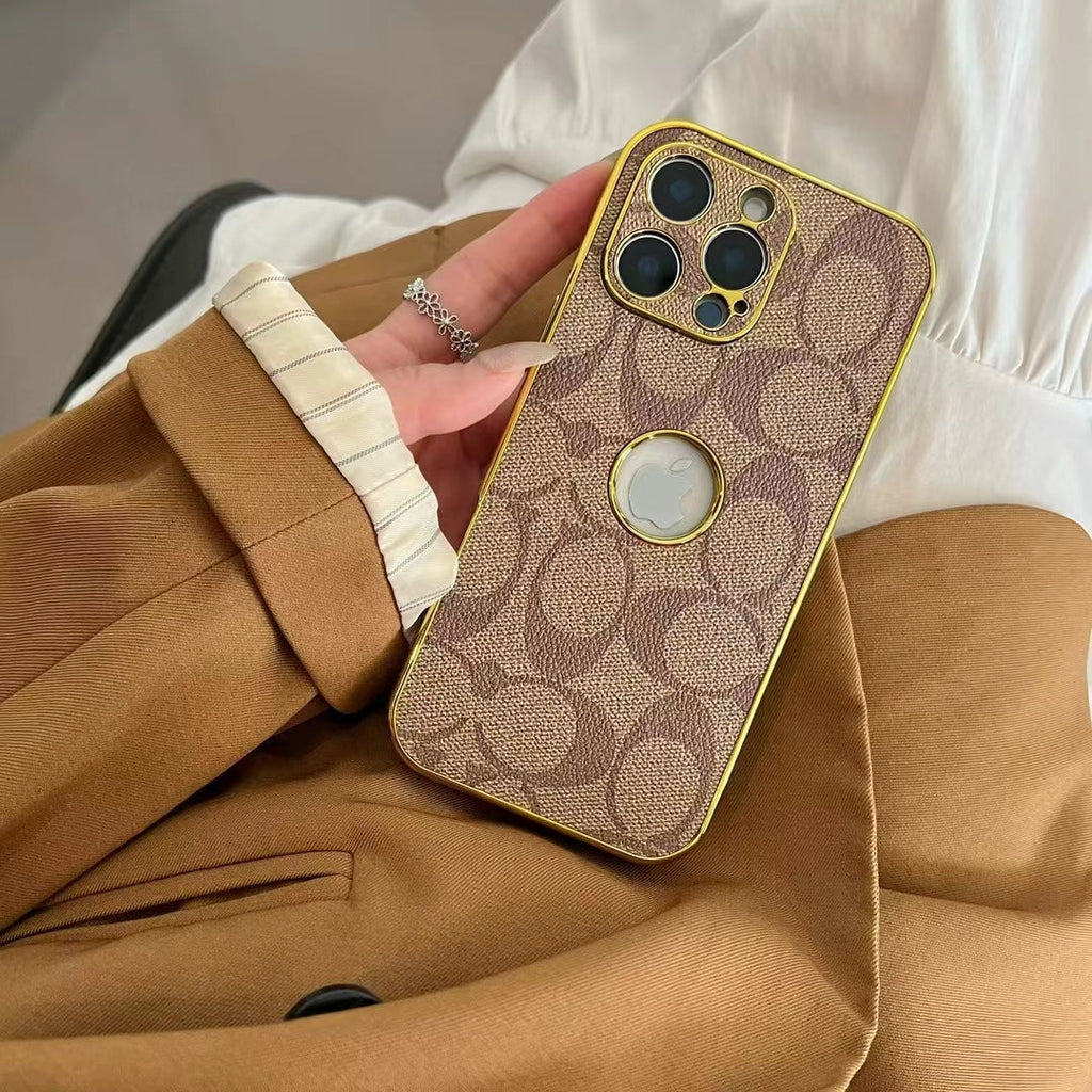 Inspired Luxury Monogram iPhone Case with Gold Trim