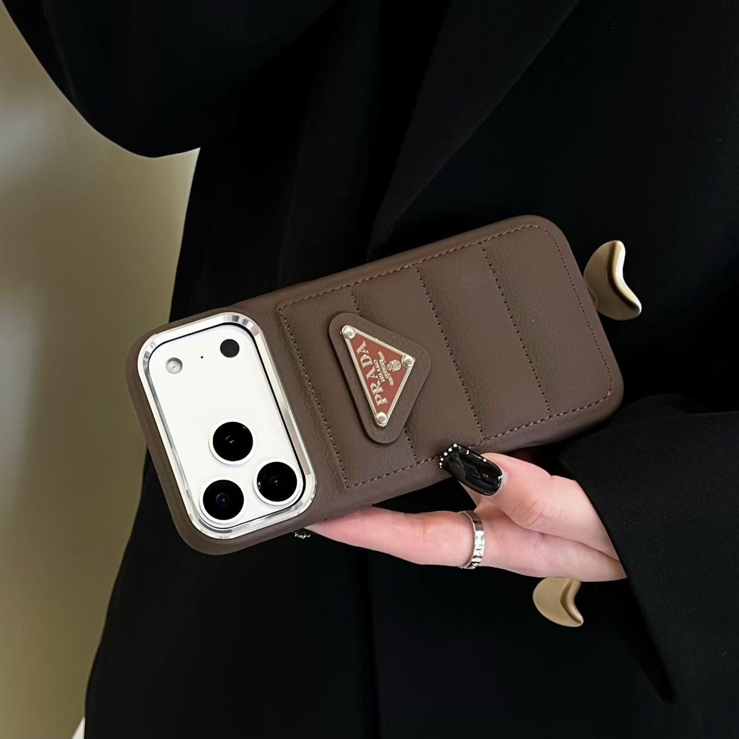 Premium Quilted Phone Case with Metal Triangle Emblem