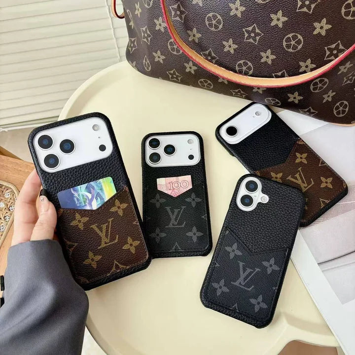 Monogram Leather Phone Case with Card Slot Case for iPhone 12-17 Series