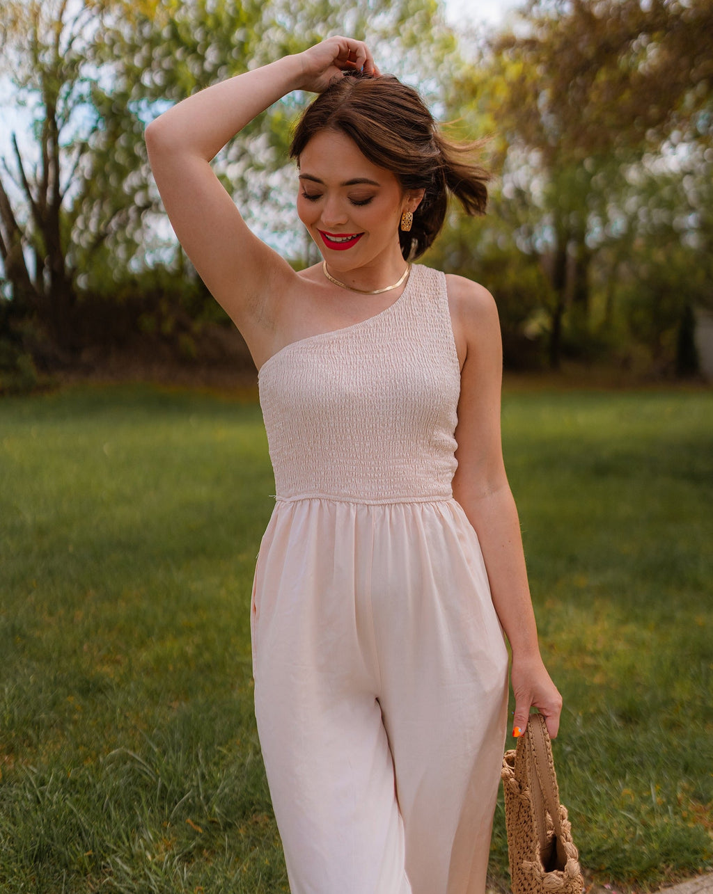 Luxuii One Shoulder Sleeveless Smocked Jumpsuit