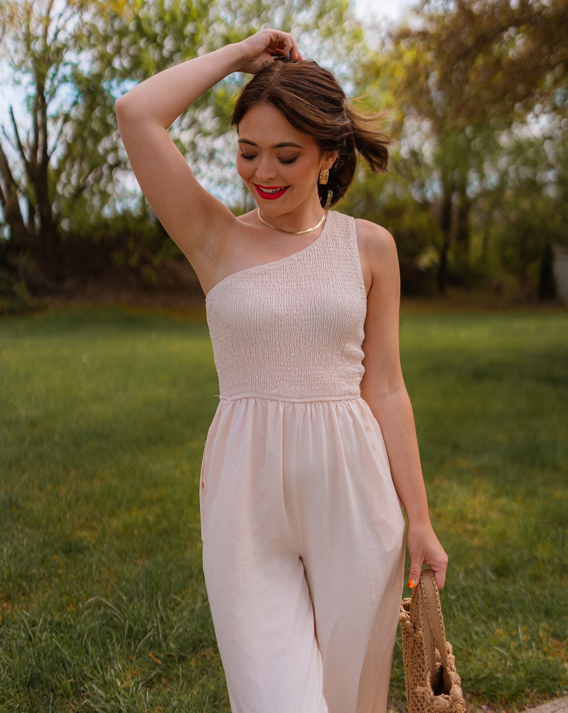 Luxuii One Shoulder Sleeveless Smocked Jumpsuit