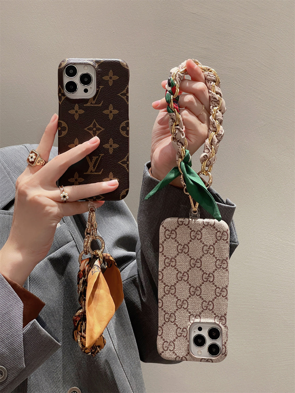 LUXURY CANVAS IPHONE CASE DETACHABLE SILK SCARF WRISTBAND