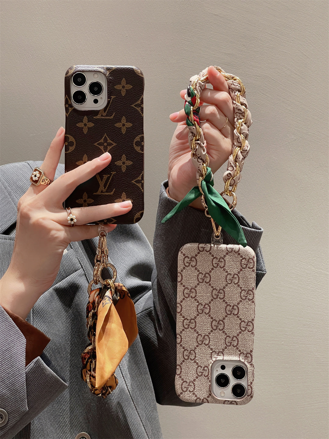 LUXURY CANVAS IPHONE CASE DETACHABLE SILK SCARF WRISTBAND