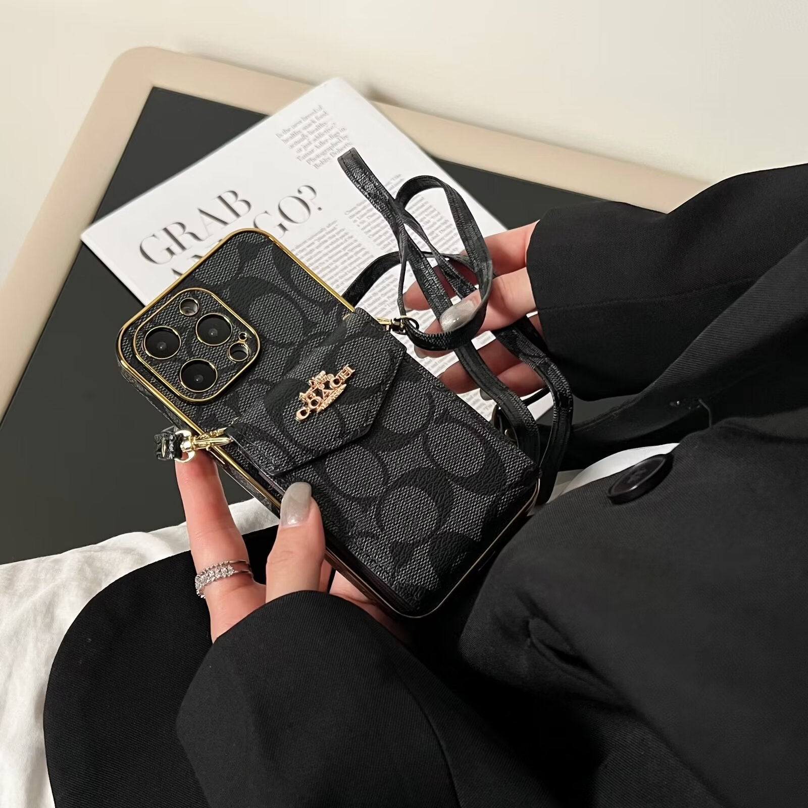 Luxury Logo Accordion Card Holder Leather Crossbody Apple iPhone Case
