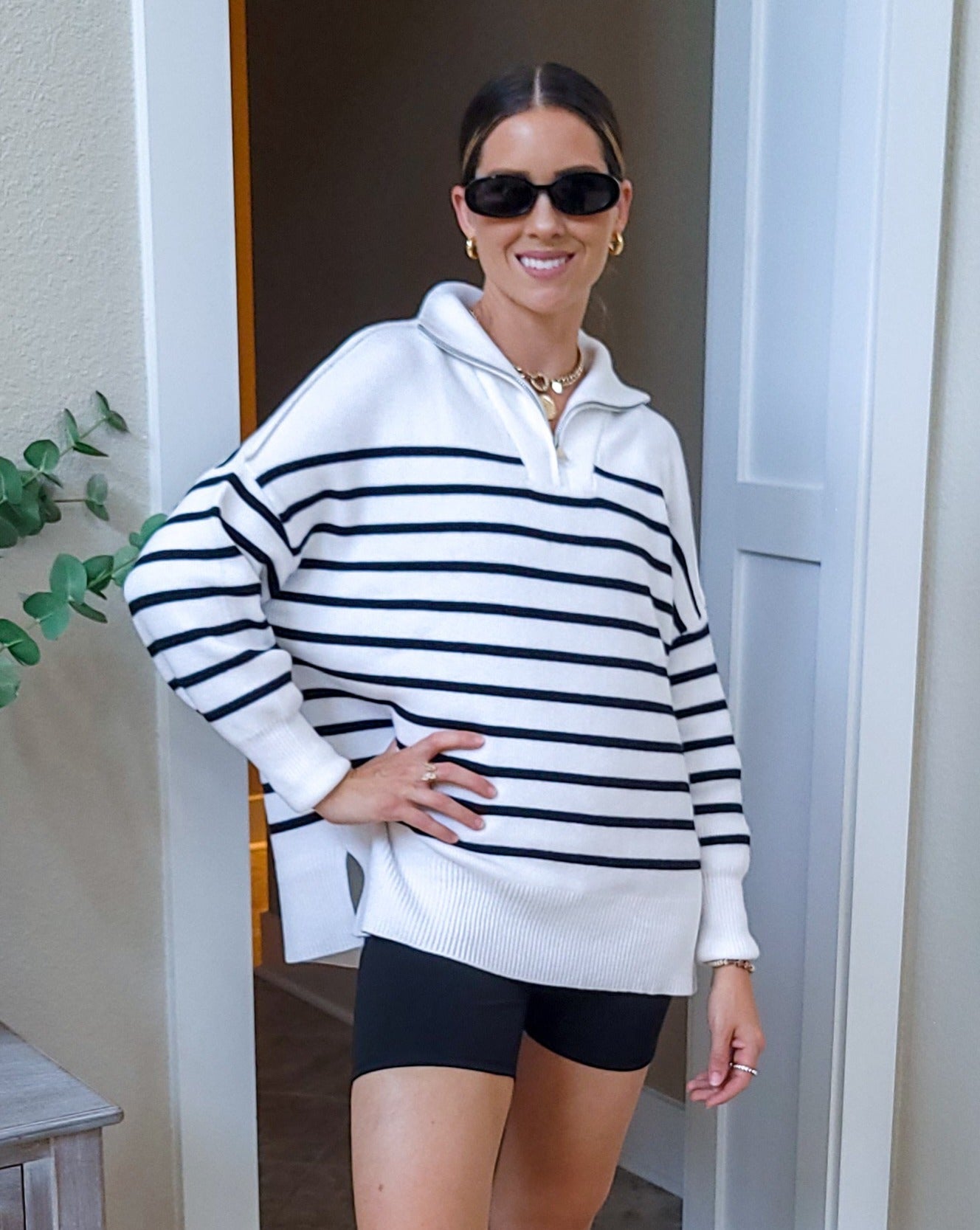Luxuii Striped 1/4 Zipper Oversized Chunky Ribbed Sweater