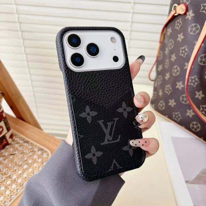 Monogram Leather Phone Case with Card Slot Case for iPhone 12-17 Series