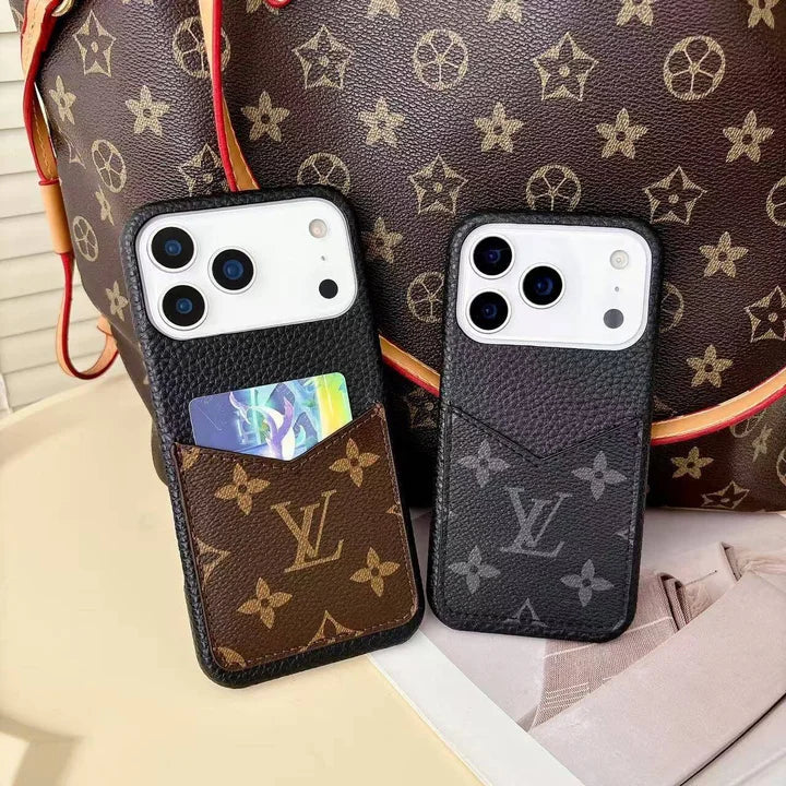 Monogram Leather Phone Case with Card Slot Case for iPhone 12-17 Series