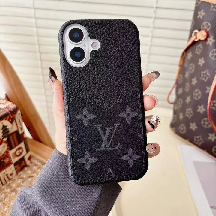 Monogram Leather Phone Case with Card Slot Case for iPhone 12-17 Series