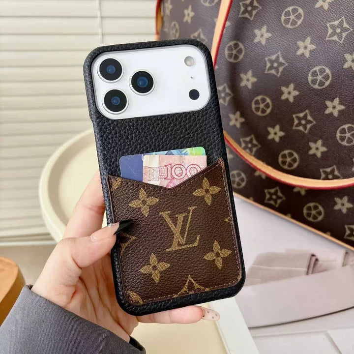 Monogram Leather Phone Case with Card Slot Case for iPhone 12-17 Series