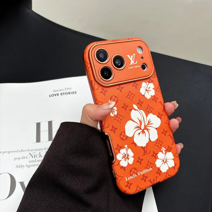 Orange Case Decorated with Beautiful Floral Patterns for iPhone 12-17 Series