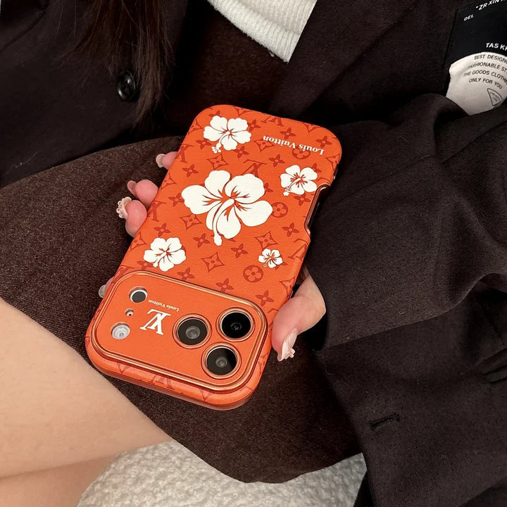 Orange Case Decorated with Beautiful Floral Patterns for iPhone 12-17 Series
