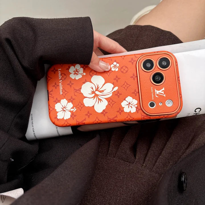 Orange Case Decorated with Beautiful Floral Patterns for iPhone 12-17 Series