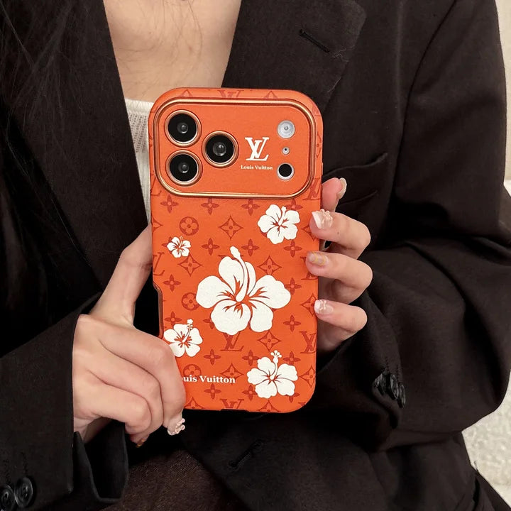 Orange Case Decorated with Beautiful Floral Patterns for iPhone 12-17 Series