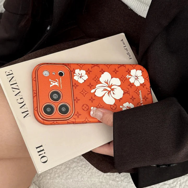 Orange Case Decorated with Beautiful Floral Patterns for iPhone 12-17 Series