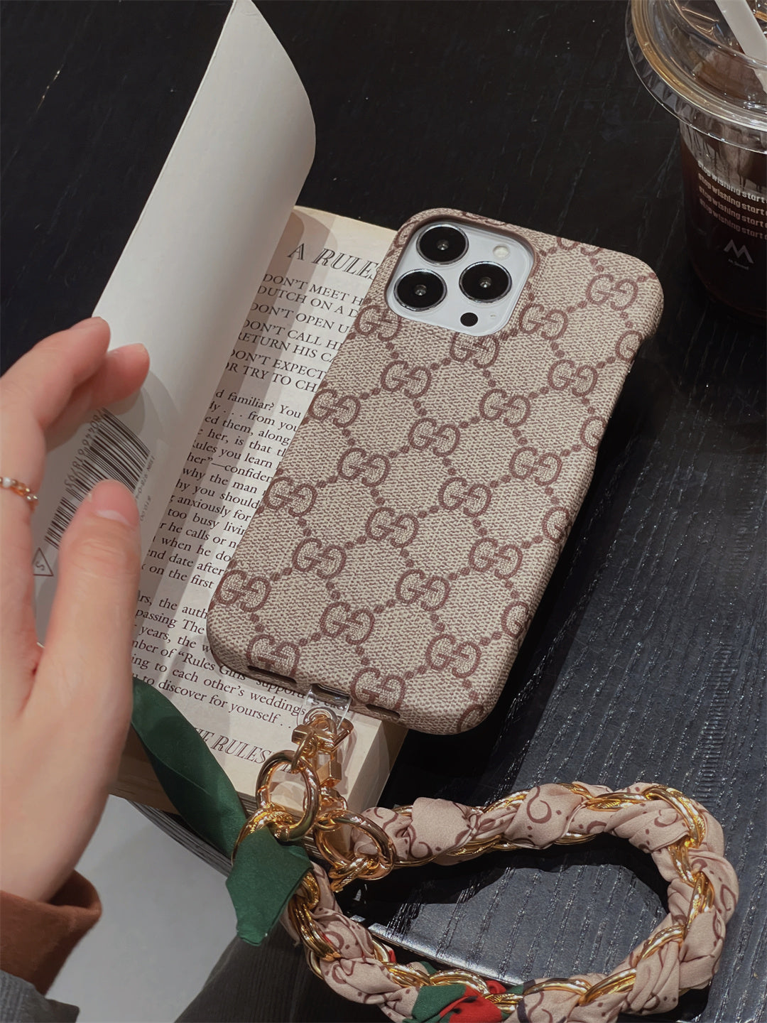 LUXURY CANVAS IPHONE CASE DETACHABLE SILK SCARF WRISTBAND