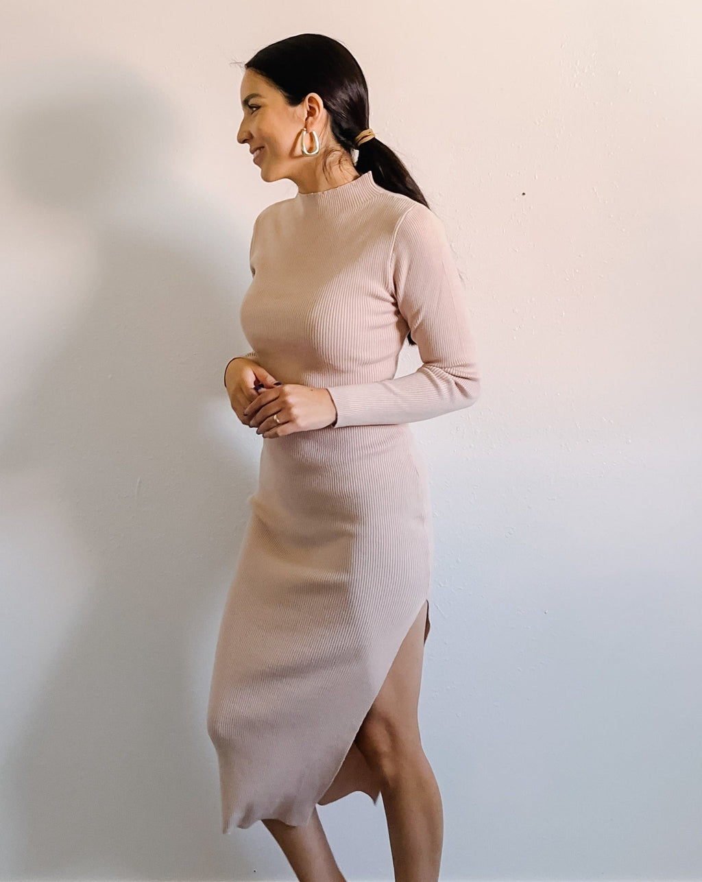 Luxuii Long Sleeve Mock Neck Ribbed Knit Slit Midi Dress