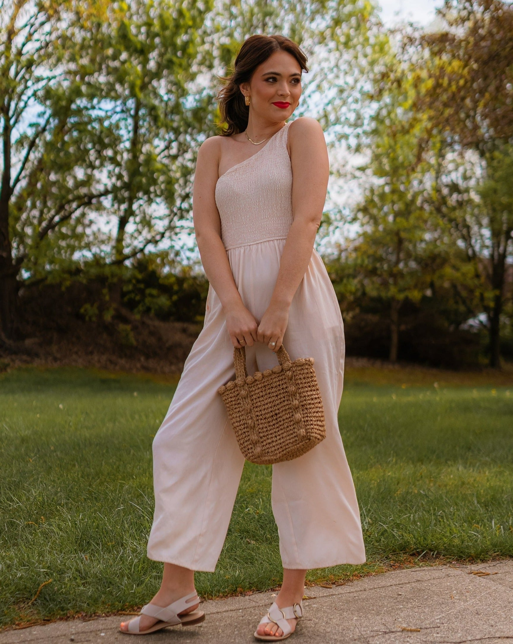 Luxuii One Shoulder Sleeveless Smocked Jumpsuit