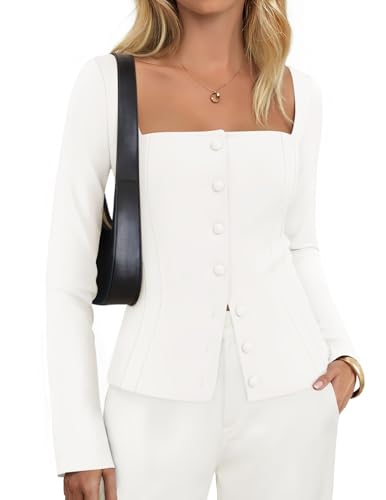 Luxuii Square Neck Blazers Button Up Work Fitted Blazer Jackets