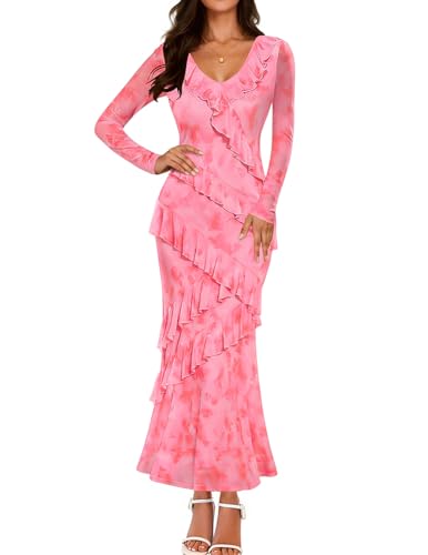 Luxuii Fall Floral Boho Bodycon V Neck Ruffle Wedding Dresses