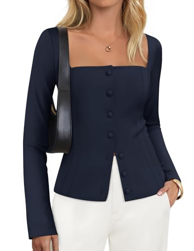 Luxuii Square Neck Blazers Button Up Work Fitted Blazer Jackets