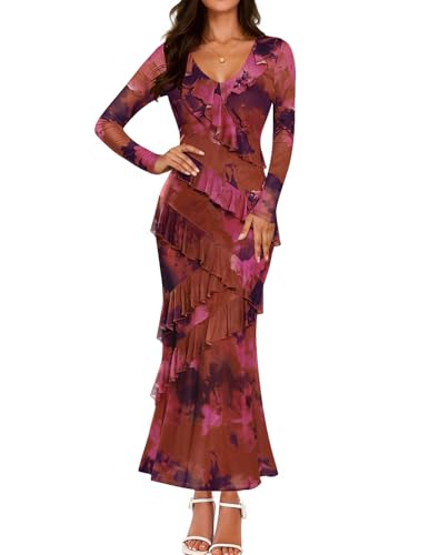 Luxuii Fall Floral Boho Bodycon V Neck Ruffle Wedding Dresses
