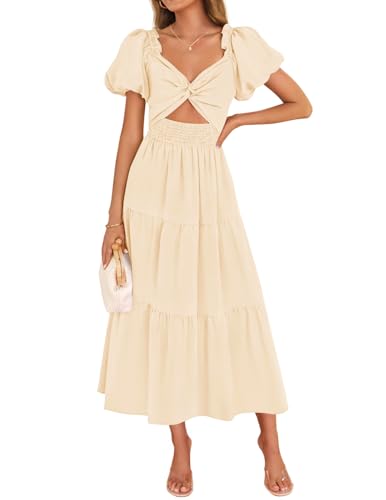 Luxuii Smocked Short Puff Sleeve Twist Knot Cutout Flowy Dresses
