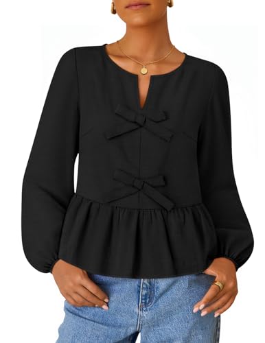 Luxuii Long Sleeve Babydoll Crewneck Tie Front Ruffle Flowy Peplum Shirts
