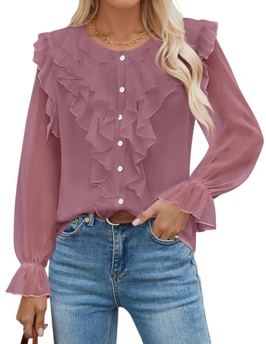 Luxuii Chiffon Dressy Button Down V Neck Ruffle Layered Shirts