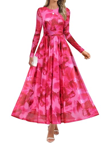 Luxuii Fall Crewneck Floral Print Mesh Ruched Guest Dresses