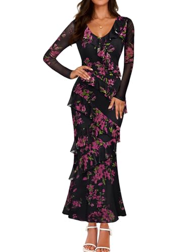 Luxuii Fall Floral Boho Bodycon V Neck Ruffle Wedding Dresses