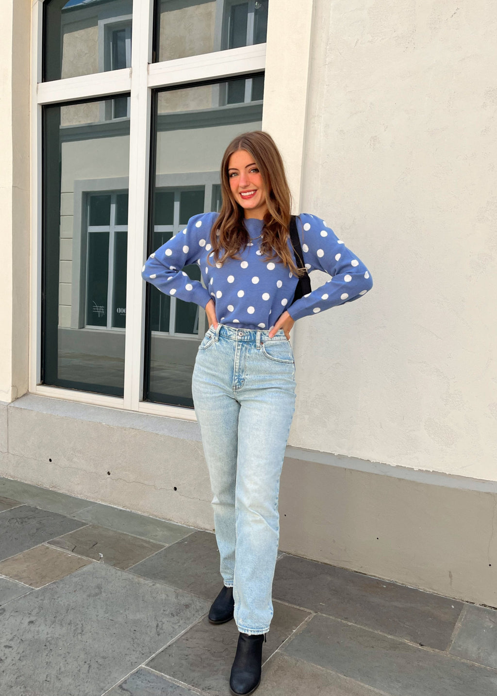 Luxuii Crewneck Polka Dots Ribbed Knit Soft Pullover Sweater