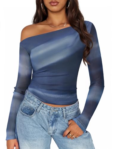 Luxuii Floral Off Shoulder Long Sleeve Mesh Ruched Fitted Shirts