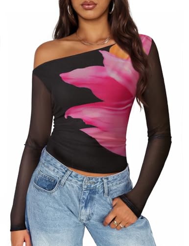 Luxuii Floral Off Shoulder Long Sleeve Mesh Ruched Fitted Shirts