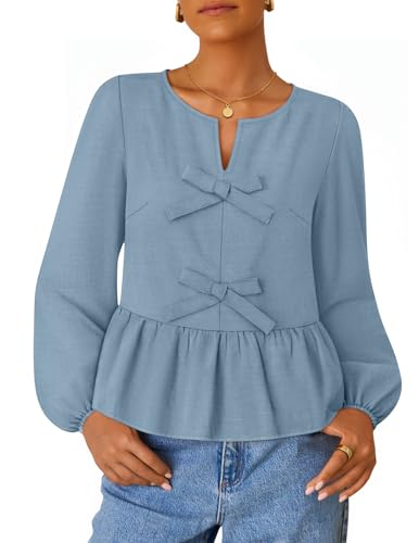 Luxuii Long Sleeve Babydoll Crewneck Tie Front Ruffle Flowy Peplum Shirts
