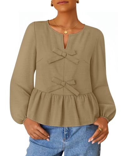 Luxuii Long Sleeve Babydoll Crewneck Tie Front Ruffle Flowy Peplum Shirts