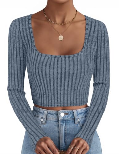 Luxuii Long Sleeve Crop Tops Square Neck Slim Fitted Shirts