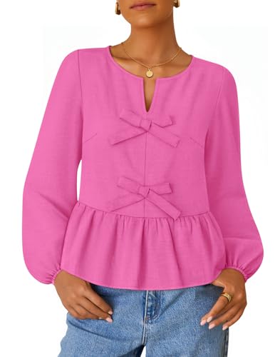 Luxuii Long Sleeve Babydoll Crewneck Tie Front Ruffle Flowy Peplum Shirts