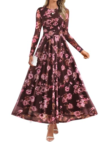 Luxuii Fall Crewneck Floral Print Mesh Ruched Guest Dresses