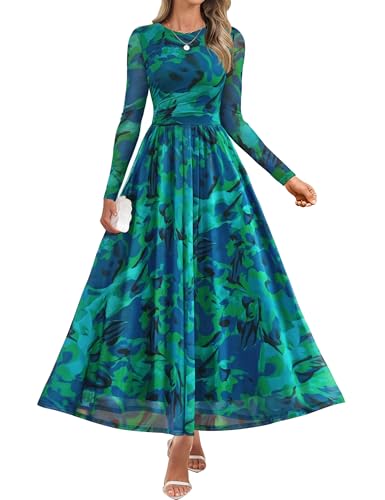 Luxuii Fall Crewneck Floral Print Mesh Ruched Guest Dresses