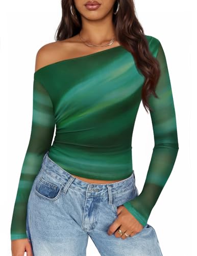 Luxuii Floral Off Shoulder Long Sleeve Mesh Ruched Fitted Shirts